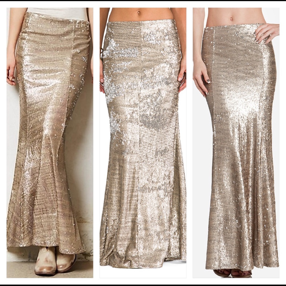 Line & Dot Gold Sequin Maxi / Mermaid Skirt Sz XS